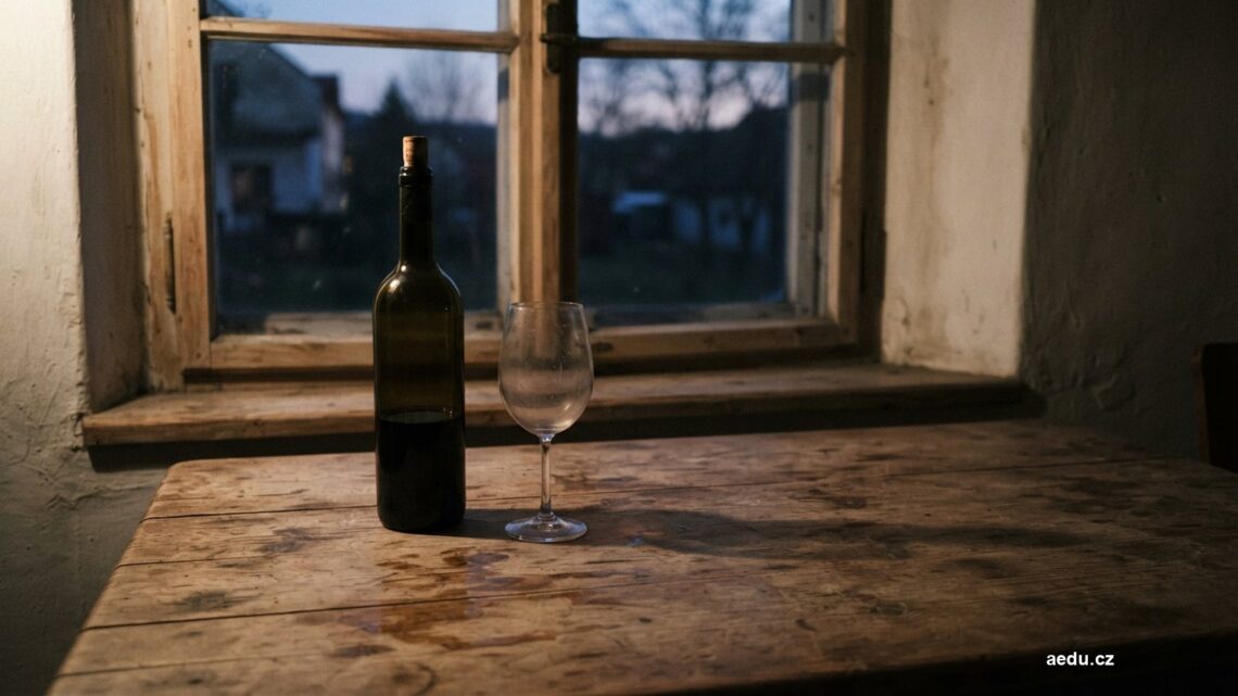 Prázdná sklenice a láhev na dřevěném stole v podvečerním světle