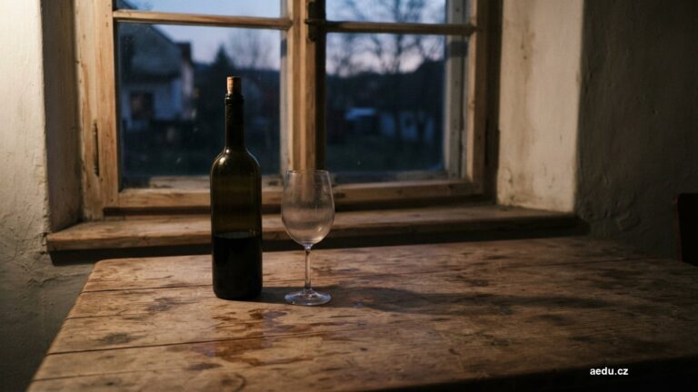 Prázdná sklenice a láhev na dřevěném stole v podvečerním světle