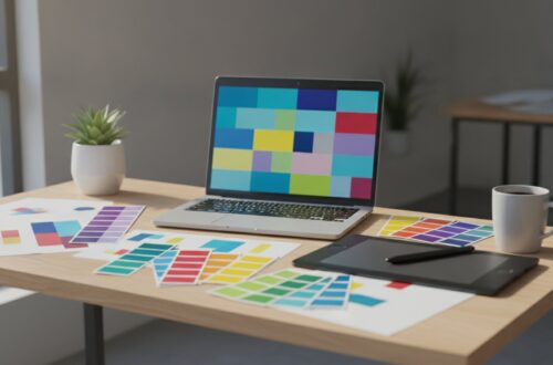 Pracovní stůl v malé kanceláři s notebookem, grafickým tabletem a vzorníky barev