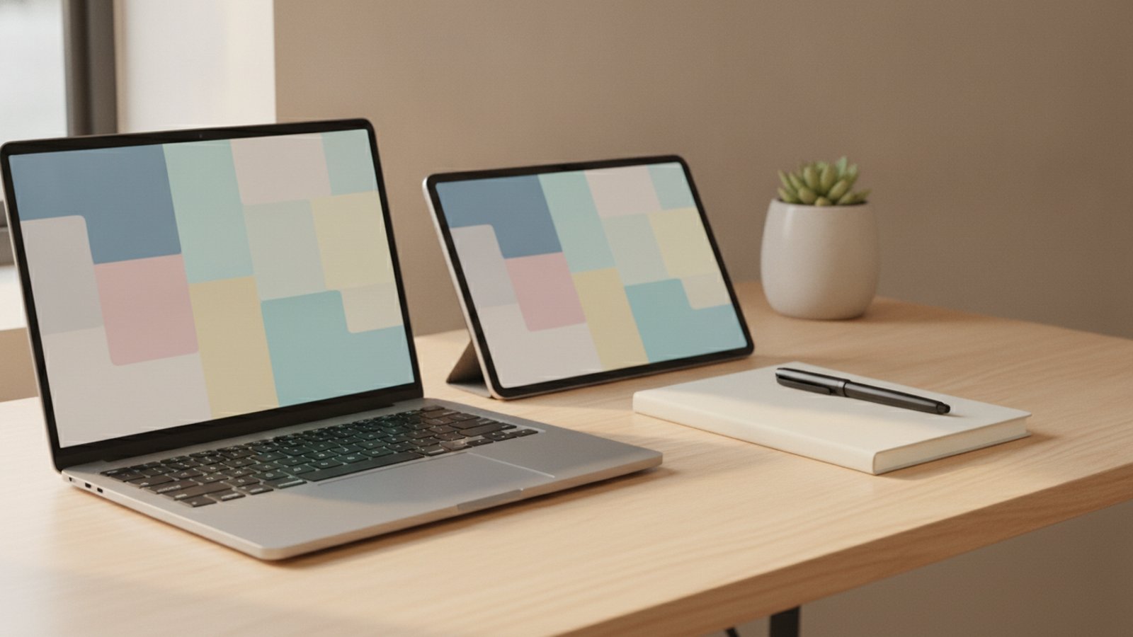 Kancelářský stůl s notebookem a tabletem, na obrazovkách abstraktní barevné bloky