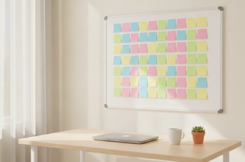 Bílá magnetická tabule v malé kanceláři s barevnými lepicími papírky ve čtyřech sloupcích a dřevěným stolem s notebookem