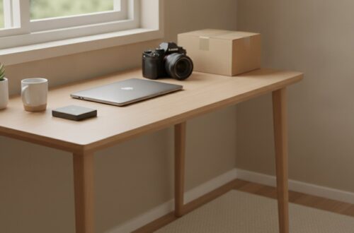 Dřevěný stůl u okna v malé kanceláři se zavřeným notebookem, přenosným diskem, fotoaparátem a kartonovou krabicí bez potisku