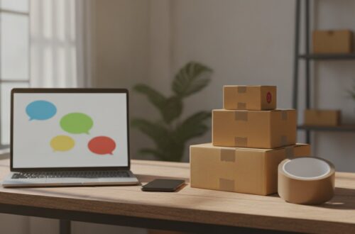 Pracovní stůl malého e-shopu s notebookem, na jehož obrazovce jsou rozmazané bubliny chatu, telefonem a krabicemi k odeslání