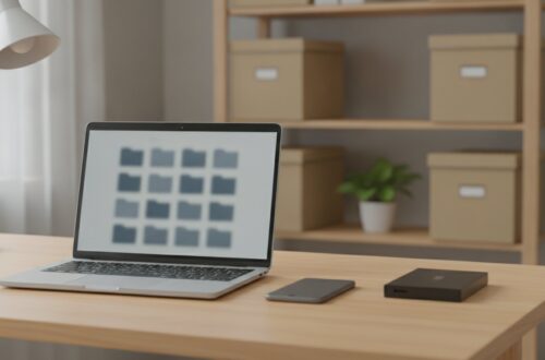 Otevřený notebook se složkami, telefon a externí disk na pracovním stole malé kanceláře