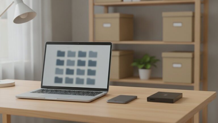 Otevřený notebook se složkami, telefon a externí disk na pracovním stole malé kanceláře