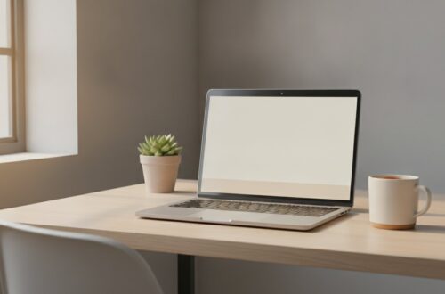 Otevřený notebook se světlým panelem u spodního okraje displeje na kancelářském stole