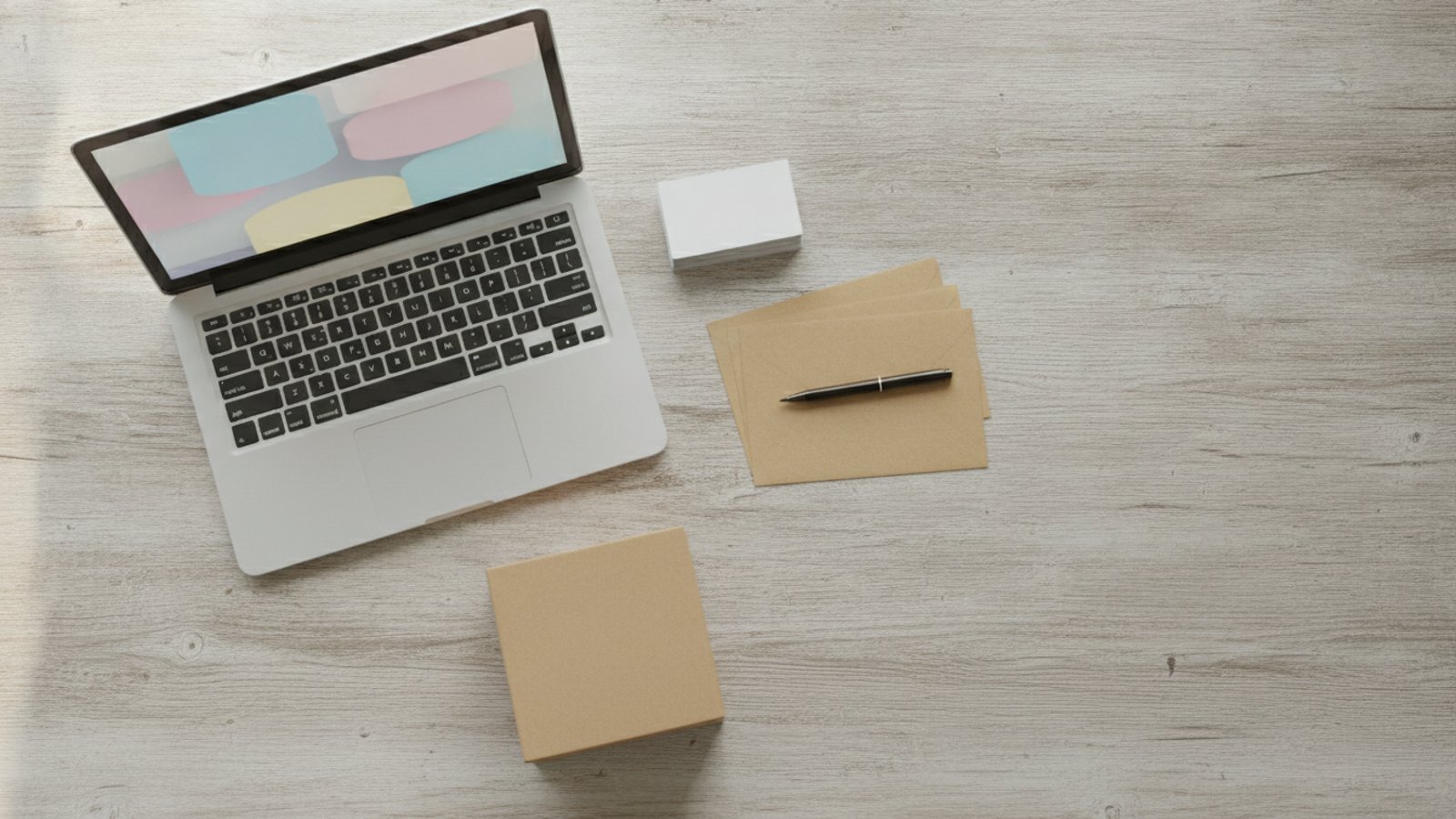 Pracovní stůl malého e-shopu s prázdnými dárkovými obálkami, kartami bez potisku a notebookem
