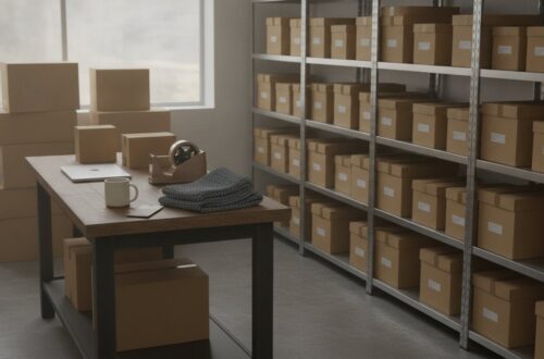 Zadní místnost malého e-shopu s regály plnými hnědých krabic bez potisku a balicím stolem s notebookem a vzorky zboží