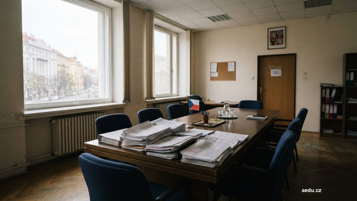 Prázdná jednací místnost se stolem a stohem listin