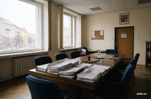 Prázdná jednací místnost se stolem a stohem listin