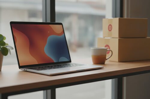 Notebook na pracovním stole malého e-shopu, na obrazovce barevné skvrny v teplých a studených odstínech