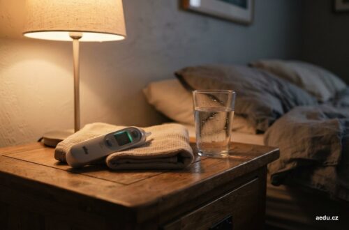 Digitální teploměr a ručník na nočním stolku vedle sklenice vody