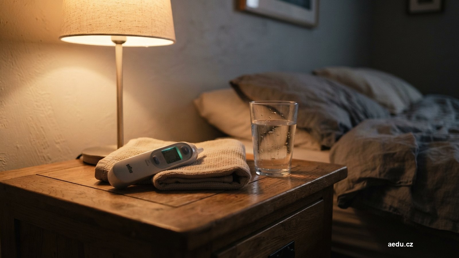 Digitální teploměr a ručník na nočním stolku vedle sklenice vody