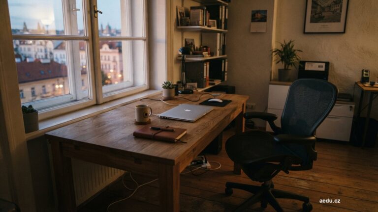 Prázdná kancelář se stolem, notebookem a odsunutou židlí