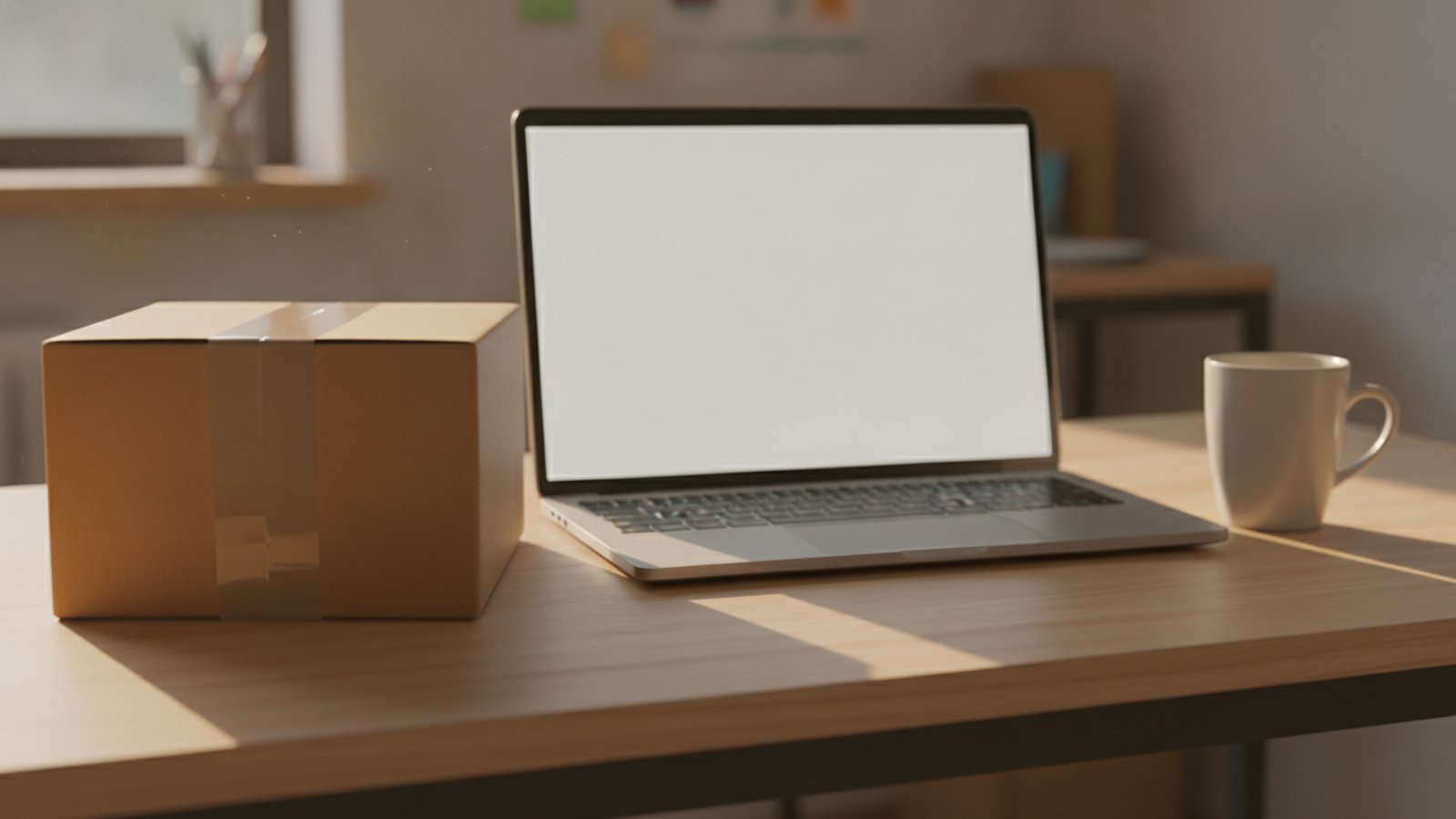 Balíček připravený k odeslání vedle notebooku s prázdnou obrazovkou