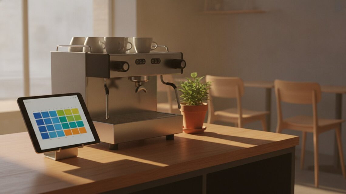 Tablet s barevnou týdenní mřížkou směn na pultu kavárny vedle kávovaru před otevřením