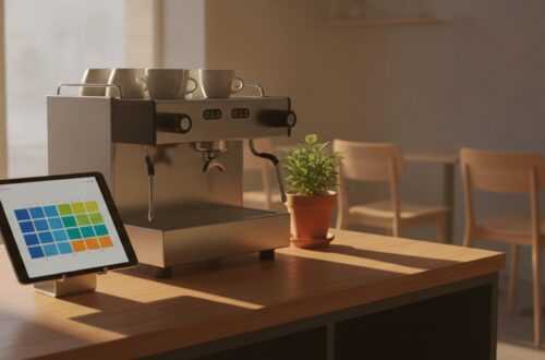 Tablet s barevnou týdenní mřížkou směn na pultu kavárny vedle kávovaru před otevřením