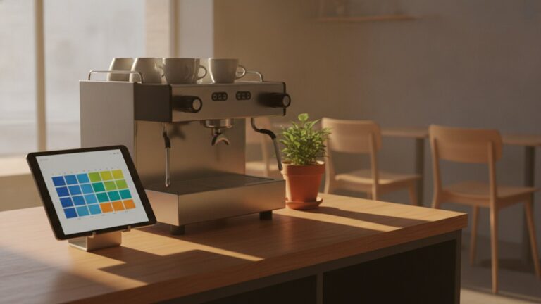 Tablet s barevnou týdenní mřížkou směn na pultu kavárny vedle kávovaru před otevřením