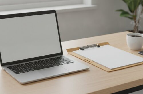 Notebook a psací podložka s papírem na stole malé kanceláře