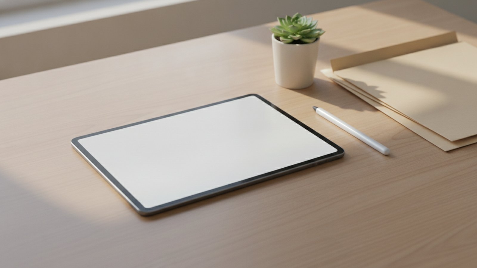 Tablet a stylus na pracovním stole vedle složek