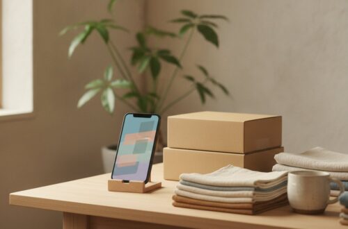 Stůl v zázemí malého obchodu s telefonem na stojánku, kartonovými krabicemi a složeným textilem