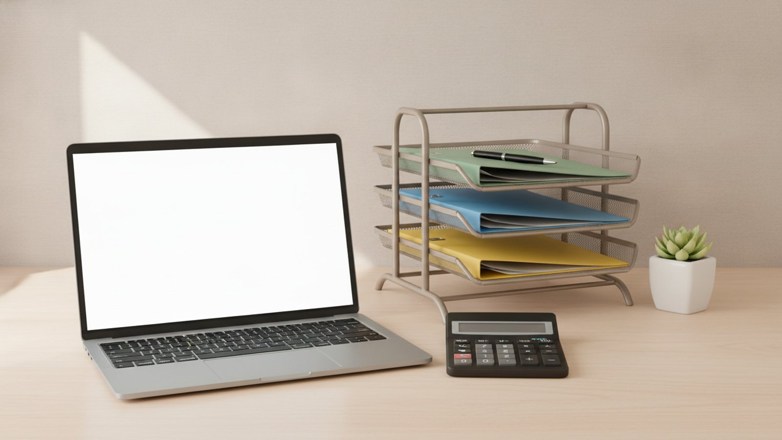 Pracovní stůl s notebookem, kalkulačkou a přihrádkou se složkami v kanceláři malého e-shopu
