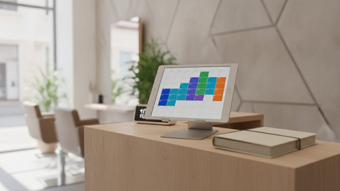 Tablet s rezervačním kalendářem na recepci salonu
