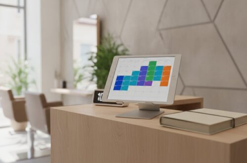 Tablet s rezervačním kalendářem na recepci salonu