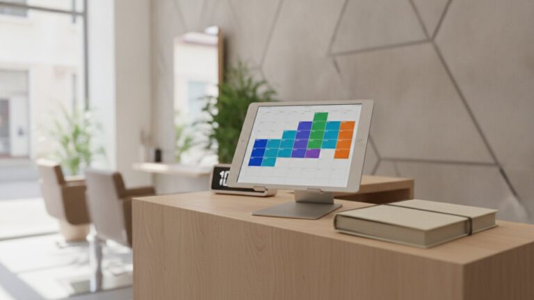 Tablet s rezervačním kalendářem na recepci salonu