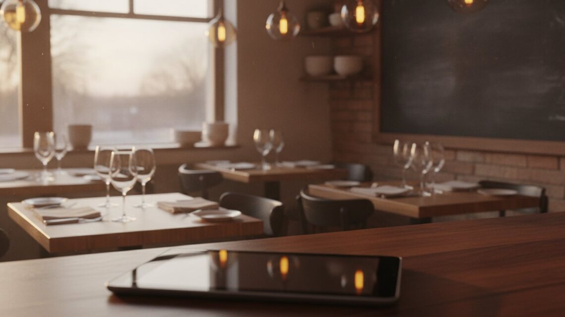 Prostřené stoly v malé restauraci před večerním provozem a tablet na barovém pultu