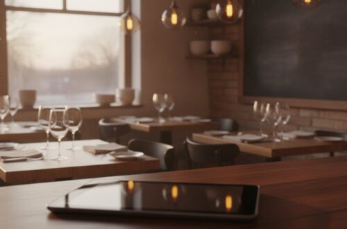 Prostřené stoly v malé restauraci před večerním provozem a tablet na barovém pultu