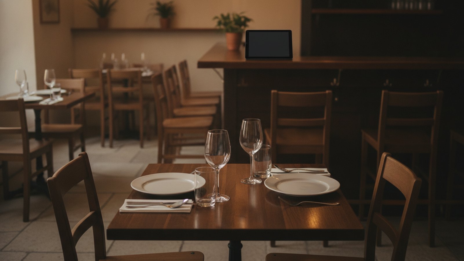 Prostřený stůl v prázdné restauraci s tabletem na barovém pultu