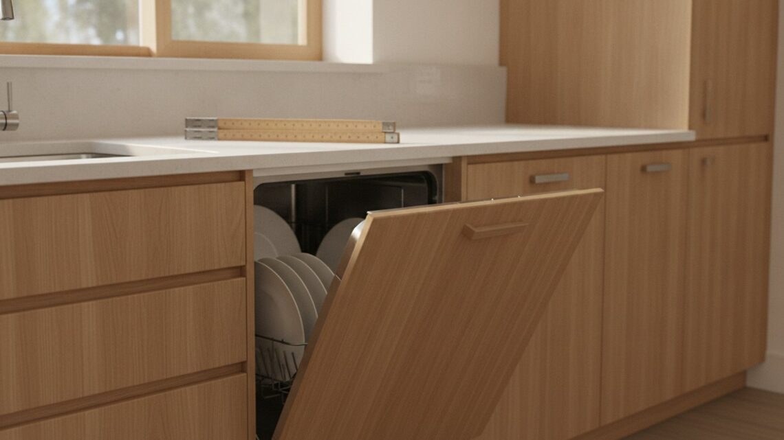 Vestavná myčka pod pracovní deskou v kuchyni se dřevěnými skříňkami a pootevřenými dvířky