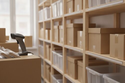 Regály malého skladu e-shopu s hnědými krabicemi a plastovými boxy, v popředí ruční čtečka čárových kódů na krabici