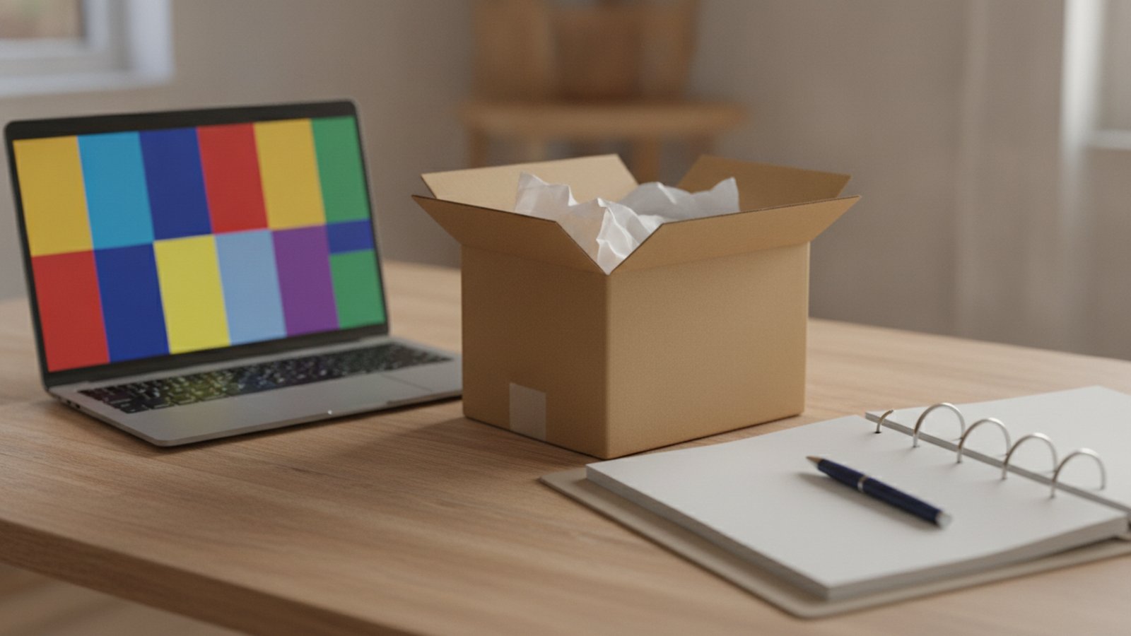 Pracovní stůl malého e-shopu s kartonovou krabicí, notebookem a otevřeným šanonem