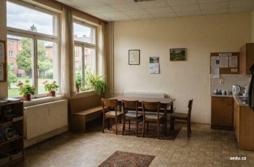Prázdná společná místnost bytového domu s židlemi a stolem