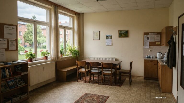Prázdná společná místnost bytového domu s židlemi a stolem