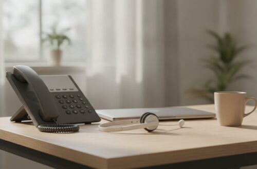 Stolní IP telefon a náhlavní souprava s mikrofonem na stole malé kanceláře