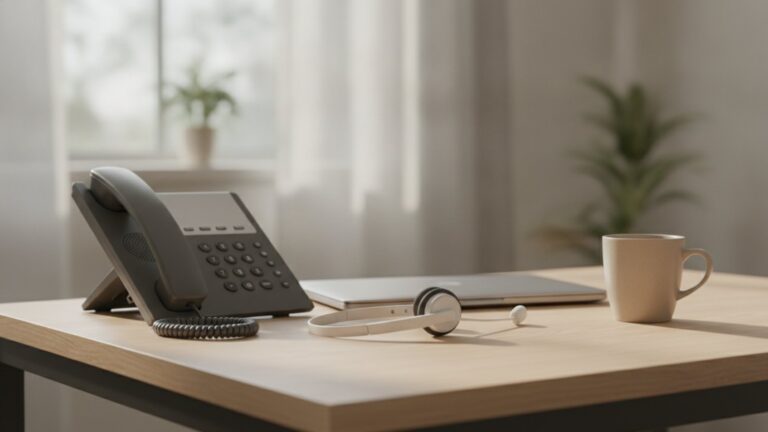 Stolní IP telefon a náhlavní souprava s mikrofonem na stole malé kanceláře