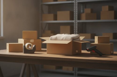 Balicí stůl v malém skladu e-shopu s kartonovými krabicemi, otevřenou krabicí se svetrem a ručním skenerem