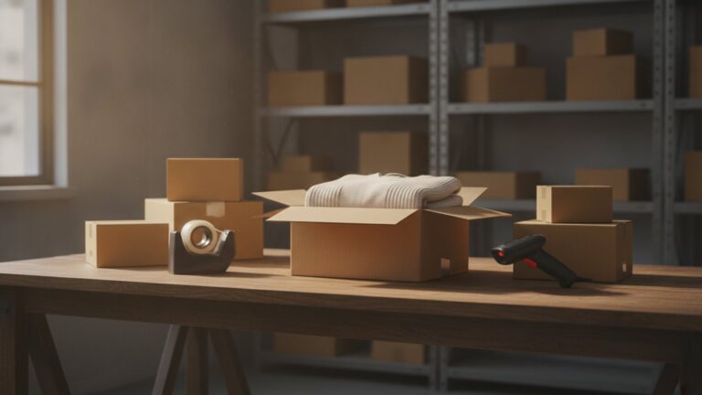 Balicí stůl v malém skladu e-shopu s kartonovými krabicemi, otevřenou krabicí se svetrem a ručním skenerem