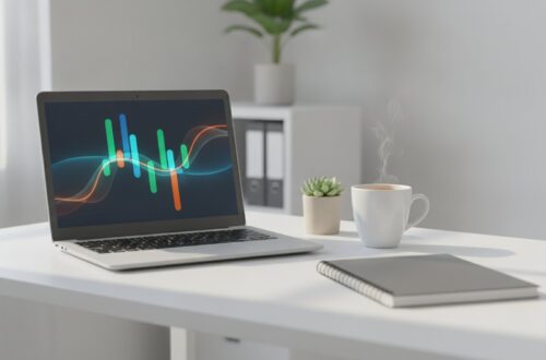 Notebook na stole malé firmy, na obrazovce barevné sloupce a křivky bez popisků