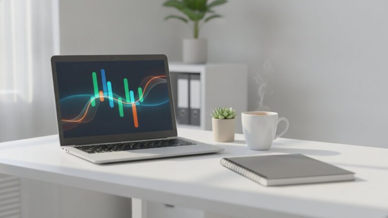 Notebook na stole malé firmy, na obrazovce barevné sloupce a křivky bez popisků