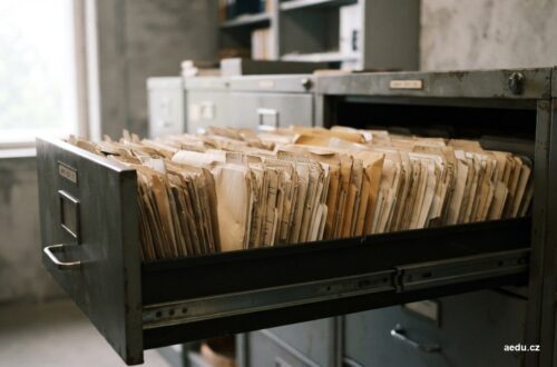 Řada papírových kartotéčních obalů v otevřené zásuvce archivu