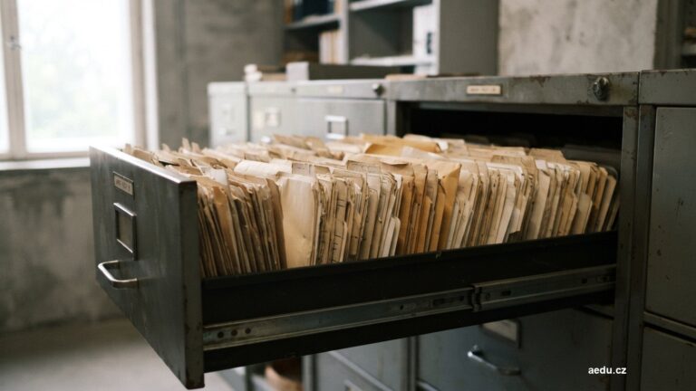 Řada papírových kartotéčních obalů v otevřené zásuvce archivu