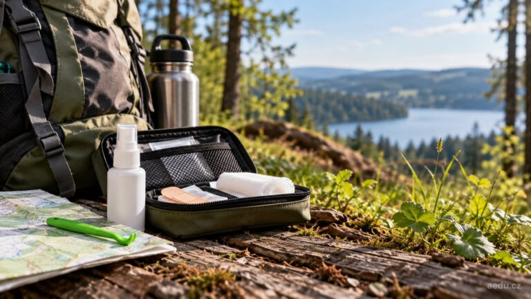 Lékárnička, repelent a turistický batoh v přírodě