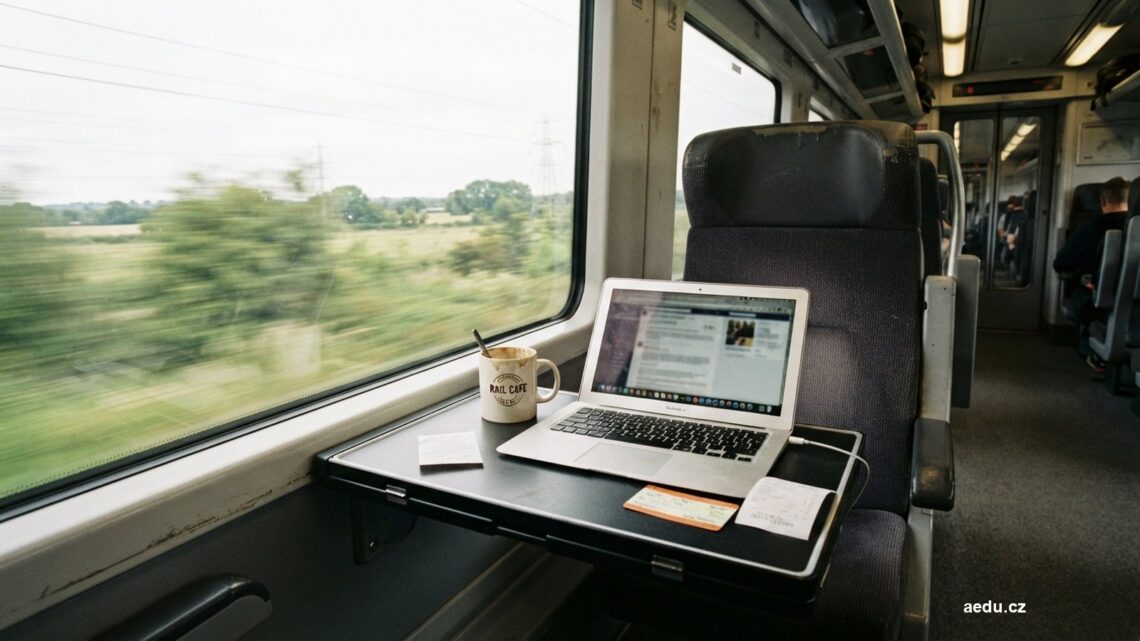 Notebook, jízdenka a účtenky na stolku ve vlaku