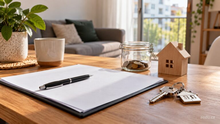 Klíče, model domu a prázdný formulář na stole