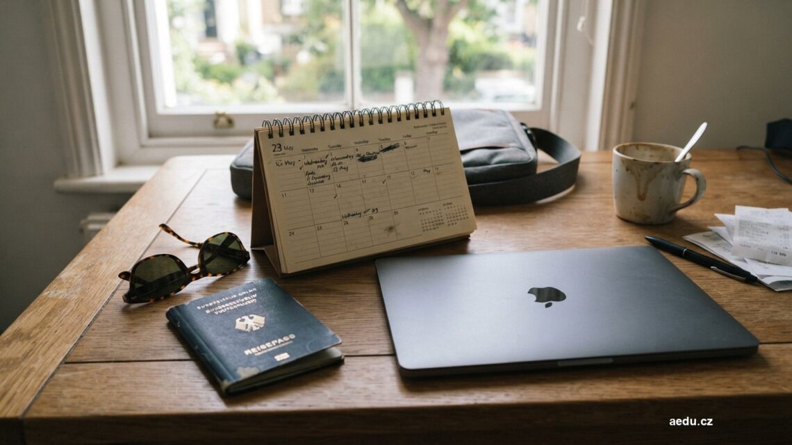 Kalendář, sluneční brýle a notebook na pracovním stole