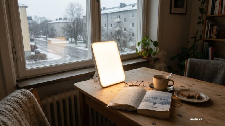 Lampa pro světelnou terapii na stole u okna v zimním ránu